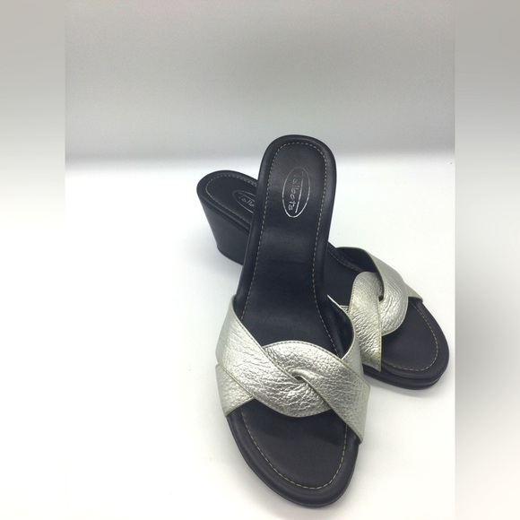 Talbots Shoes - Talbots 9.5 Silver comfy sandal slides twist metallic resort wedge